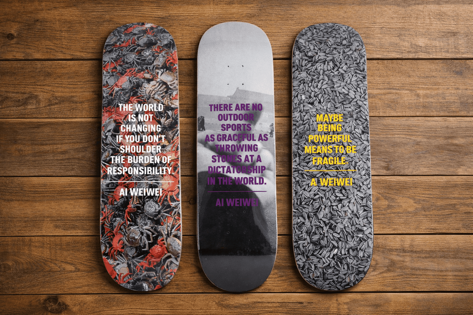 Ai Weiwei artist skateboard decks displayed as collectible wall art