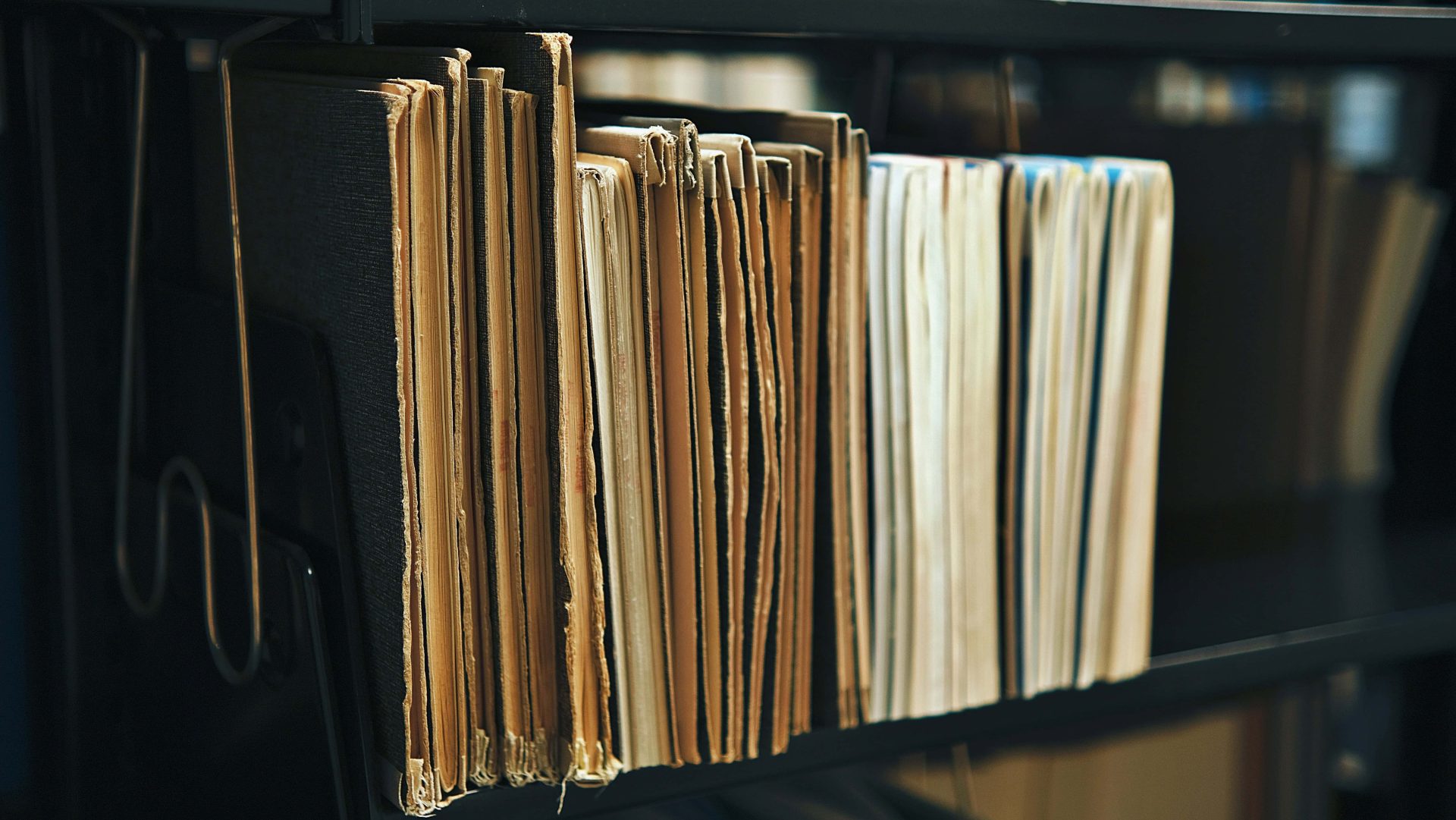 Collection of vintage books and archival volumes arranged on library shelves.