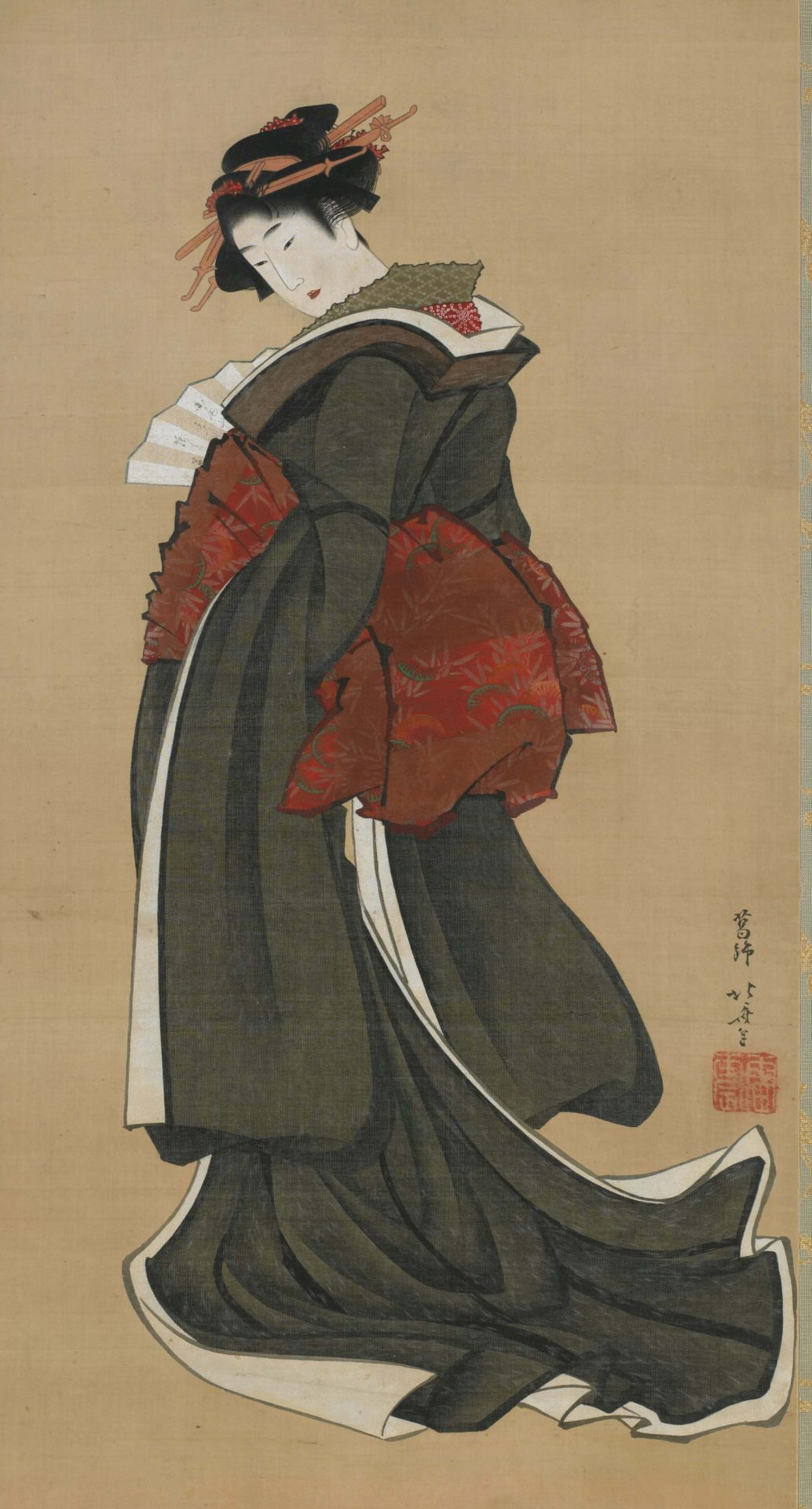 Japanese woodblock print depicting a woman in a black kimono holding a folded fan, attributed to the school of Katsushika Hokusai, circa 1810 to 1811.
